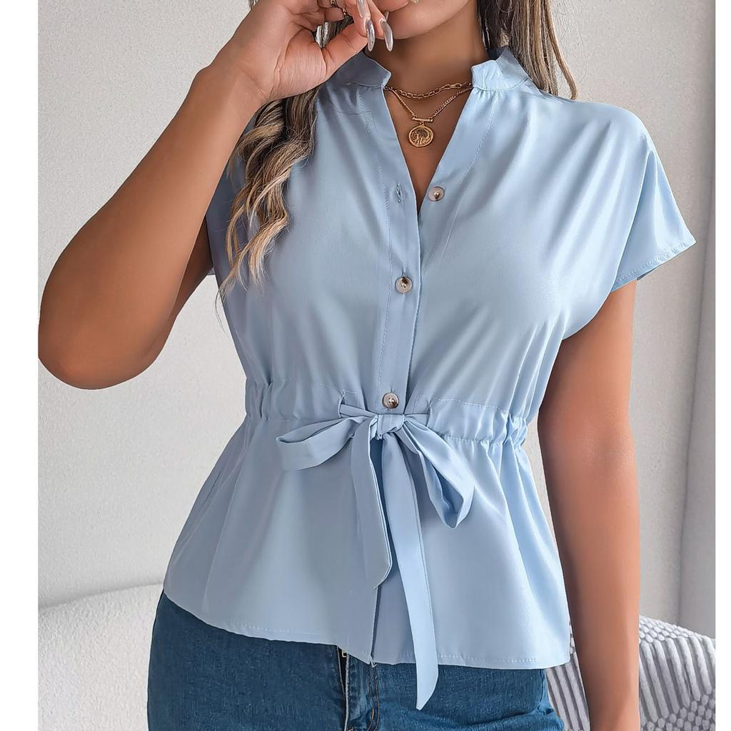 Women's Loose Casual Solid Color Button Drawstring Short Sleeved Shirt Top Short Sleeved Shirt Top