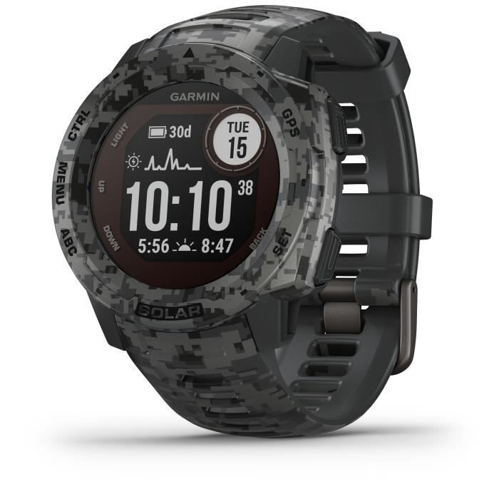 Montre GPS solaire robuste - GARMIN - Instinct Solar - Camo Edition - Graphite Camo - Ecran à deux fenêtres 0,9 "x 0,9" (23 x 23
