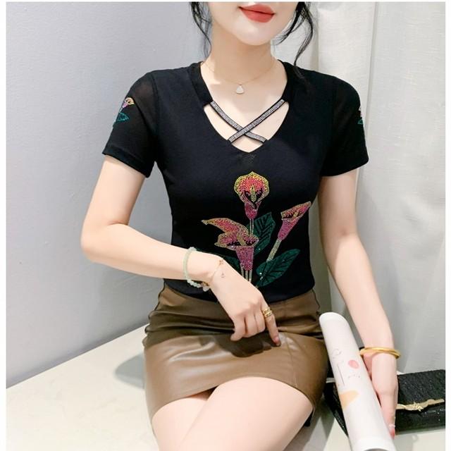 

Женская летняя мода корейская футболка одежда сексуальные ажурные ромбы цветы женские топы футболки XXL чёрный