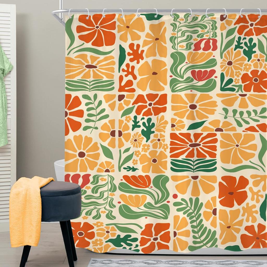 Colorful Floral Shower Curtain Vintage Inspired Design Orange Yellow Green Leaves Pattern Bathroom Decoration Trendy Boho