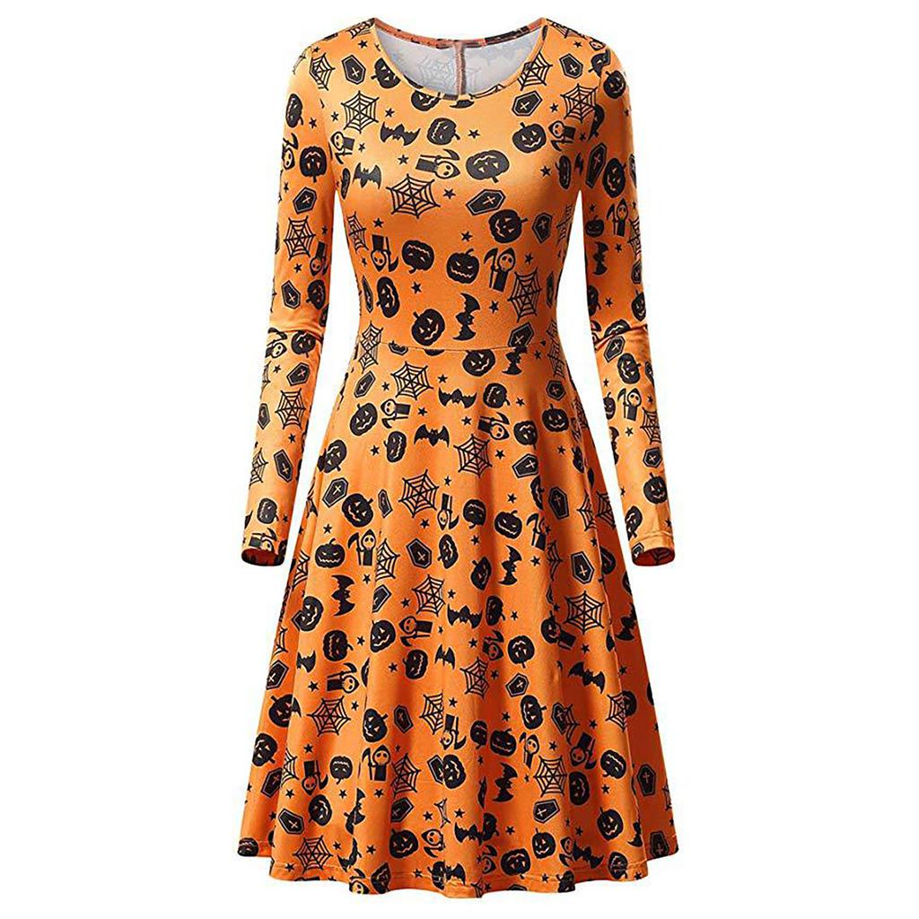 Women Casual Fashion Long Sleeve   Printed Halloween Dress