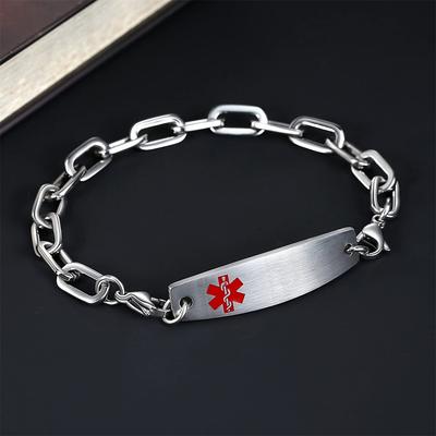 Codo médico de acero inoxidable con grabado de logotipo de identificación para hombres y mujeres. Pulsera versátil de acero de titanio y moda.