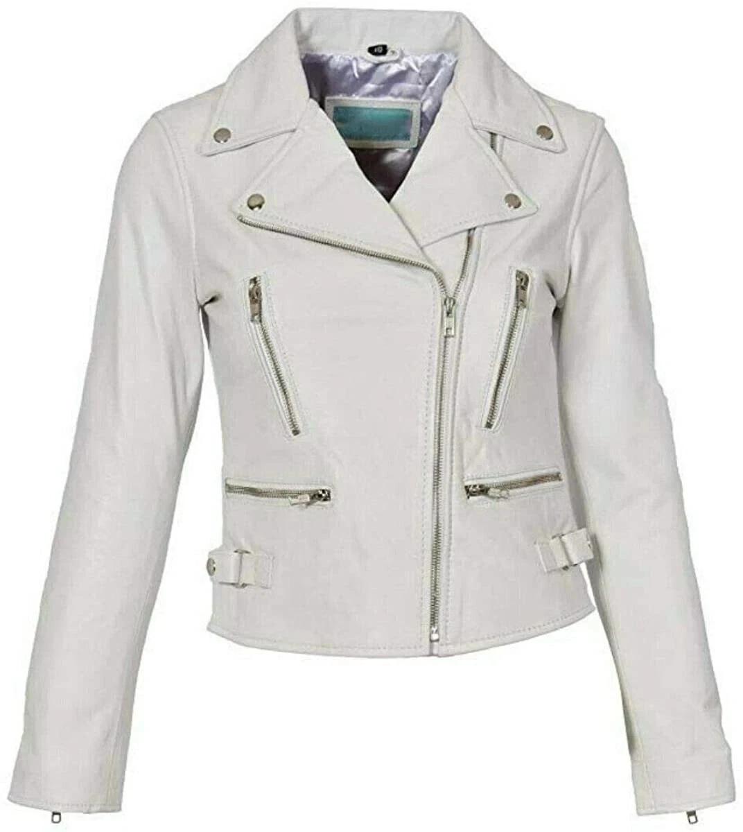 

New Women Jacket White Leather Lambskin Handmade Casual Biker Stylish Wear Soft Fit 3XL белый