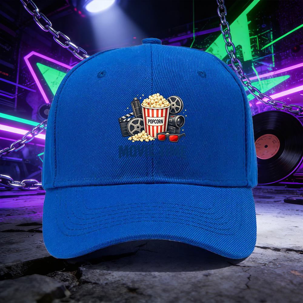 A Baseball Cap Featuring the MOVIE TIME Popcorn Design a Unisex Outdoor Sports Sun Hat Suitable for Couples Available In Mul