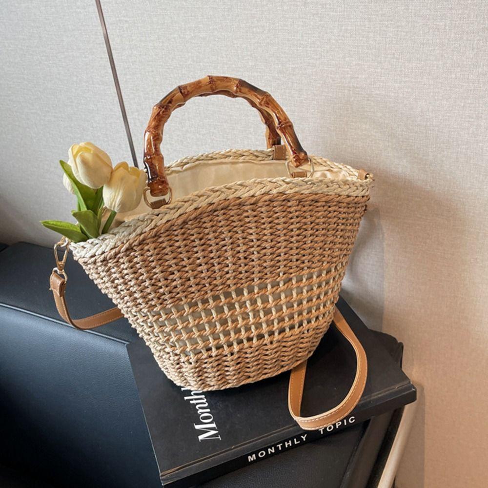 Large Capacity Weave Straw Bag Casual Woman Handbag Ins Bucket Shoulder Bag  Holiday