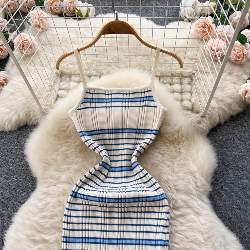 Autumn and Winter Small Fragrant Wind Stripes Collision Color Sexy Lapel Striped Knit Shirt Plus Halter Dress Two-piece