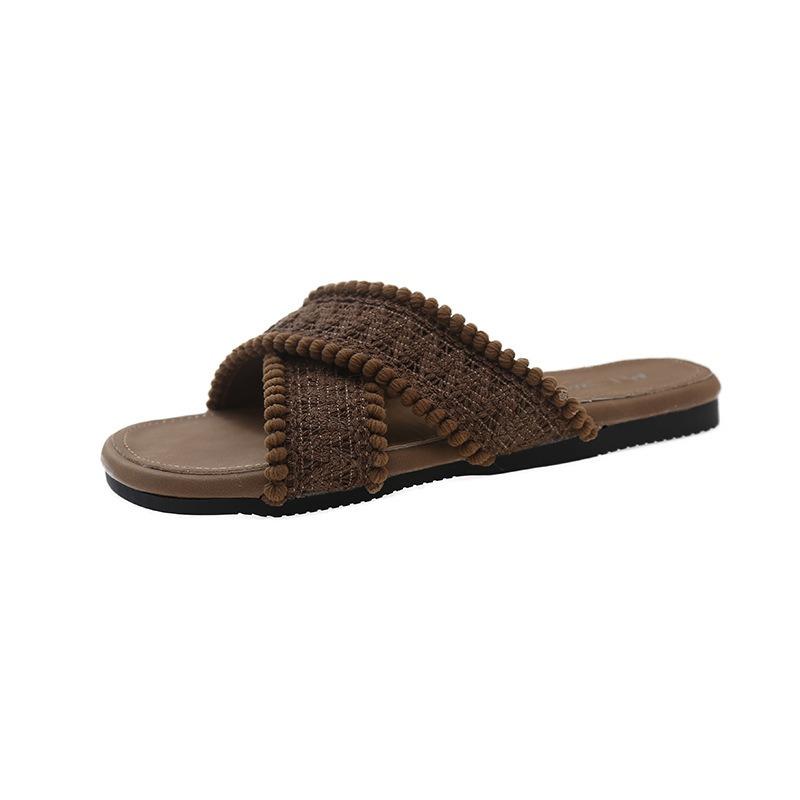 

Summer new flat-bottomed slippers women s outer wear cross-word drag women s comfortable vacation casual sandals women 40 коричневый