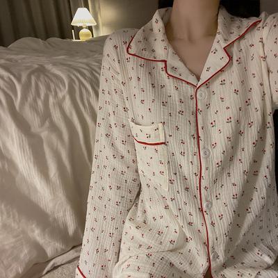 Spring Ladies Pajamas Set Bear Cherry Printed Crepe Cotton Gauze Turn-down Collar Long-sleeve Trousers Household Wear