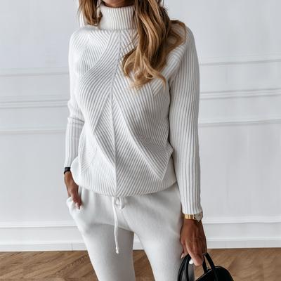 Herbst Winter Damen Trainingsanzug Einfarbig Gestreifter Rollkragenpullover Elastische Hose Anzüge Gestricktes Zweiteiliges Set