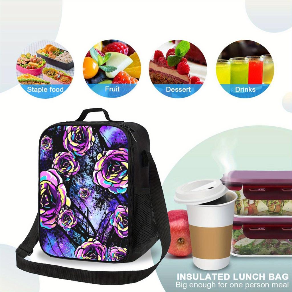 1pc Rose Graffiti Pattern, Portable Reusable Cooler Bag, Insulated Lunch Bag, Essential for Camping, Picnic, Beach