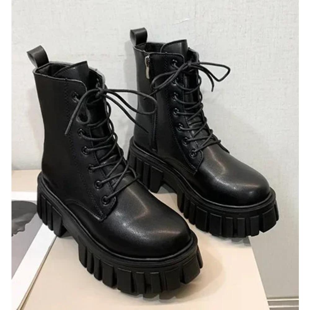 Buty zimowe damskie Nowe brytyjskie buty damskie Gruba podeszwa Mid-calf Botki na grubym obcasie Casualowe botki do kostki dla kobiet