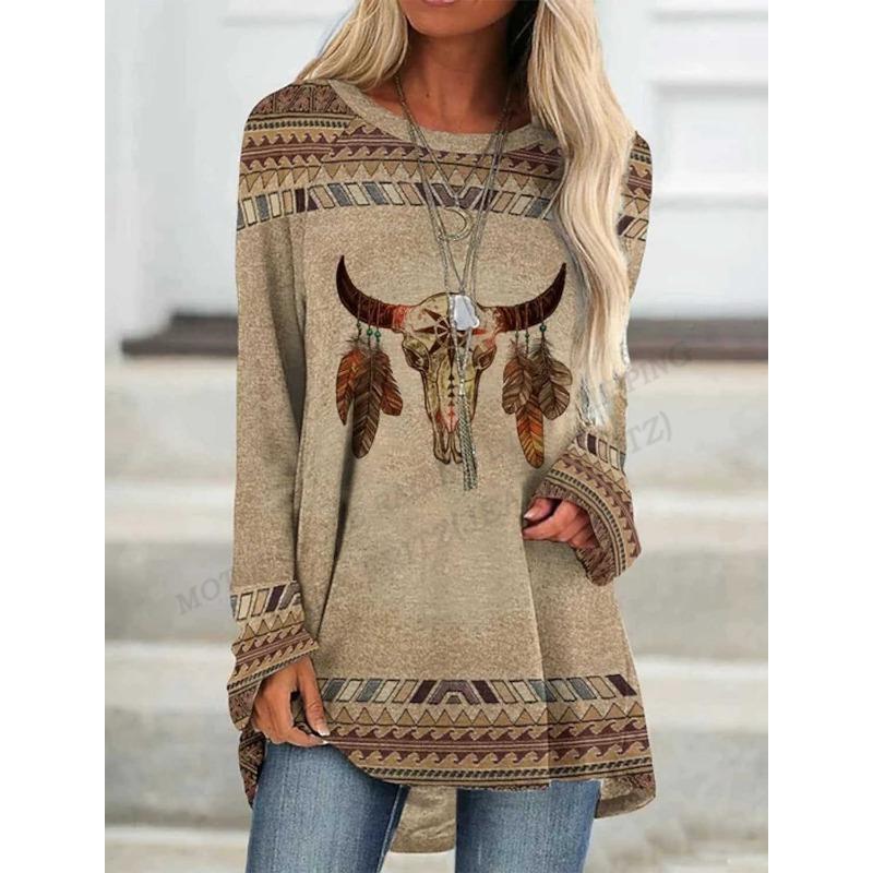 Ethnic 3d Print T-shirt Women Fashion Casual Long Sleeve Tops Tees Graphic Print Loose Harajuku Vintage Tees