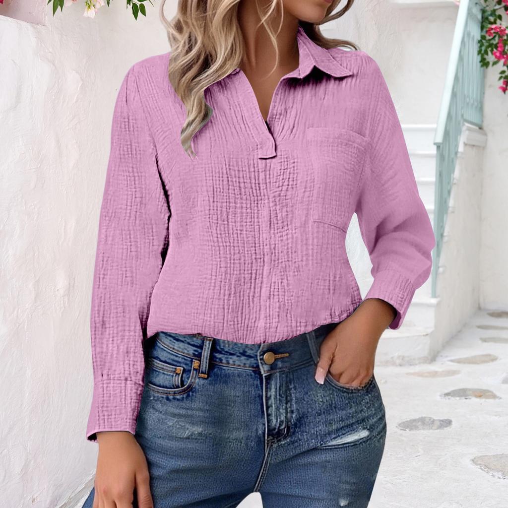 Womens V Neck Shirts Long Sleeve Casual Collared Shirt Loose Blouses Solid Color Tops With Pocket