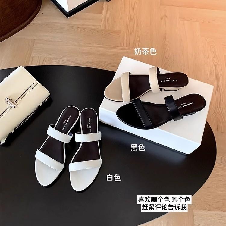 

Su Yinyin s same ultra-soft leather French one-line slippers with thick heels women s minimalist style round toe casual versatile sandals 40 белый