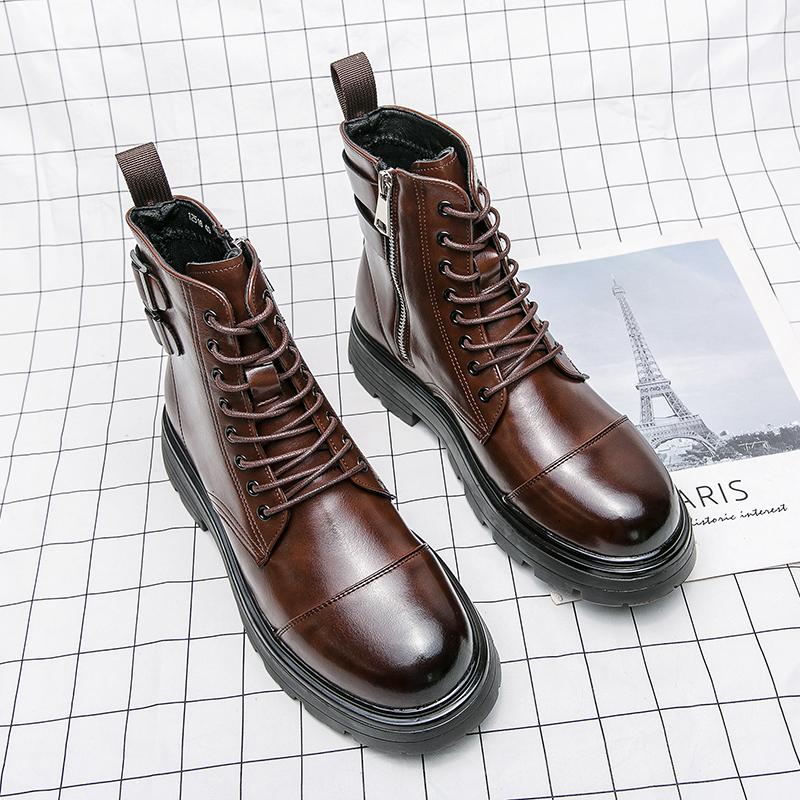 2024 Spring and Autumn Men's Naked Boots Fashion Simple Casual Men's Large Casual Shoes Lace Up Zipper High Top Leather Shoes