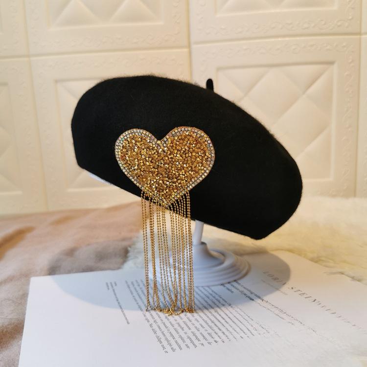New Love Tassel Beret Korean Warm Hat for Women's Retro Woolen Painter Hat Versatile Beret Hat
