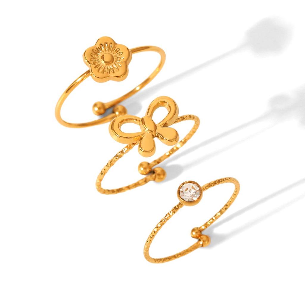 Stainless Steel Open Ring with Bow & Flower Design - French Elegant Style