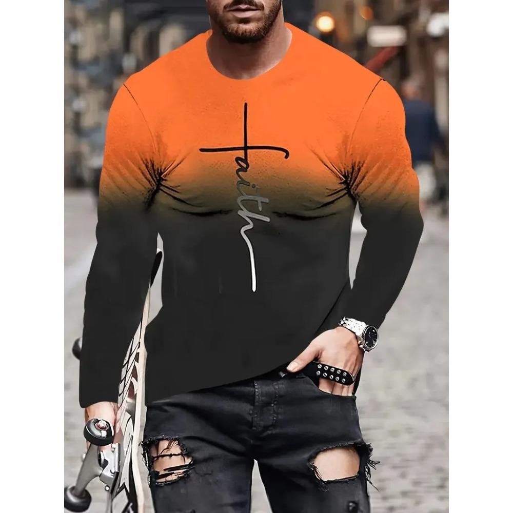 Fashionable 3D Letter Printed Men's Street Trendy Round Neck Long Sleeved T-shirt