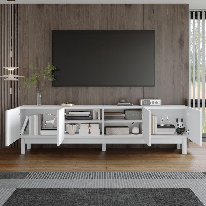 Meuble TV Blanc Moderne 169x35x45,5 cm Meuble TV Bas avec 4 Portes sans Poignée, Rangement et Pieds en Bois Massif - Design Ondulé
