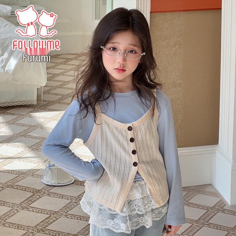 Корейский стиль: Комплект из футболки и жилета для девочек Fuloomi 140