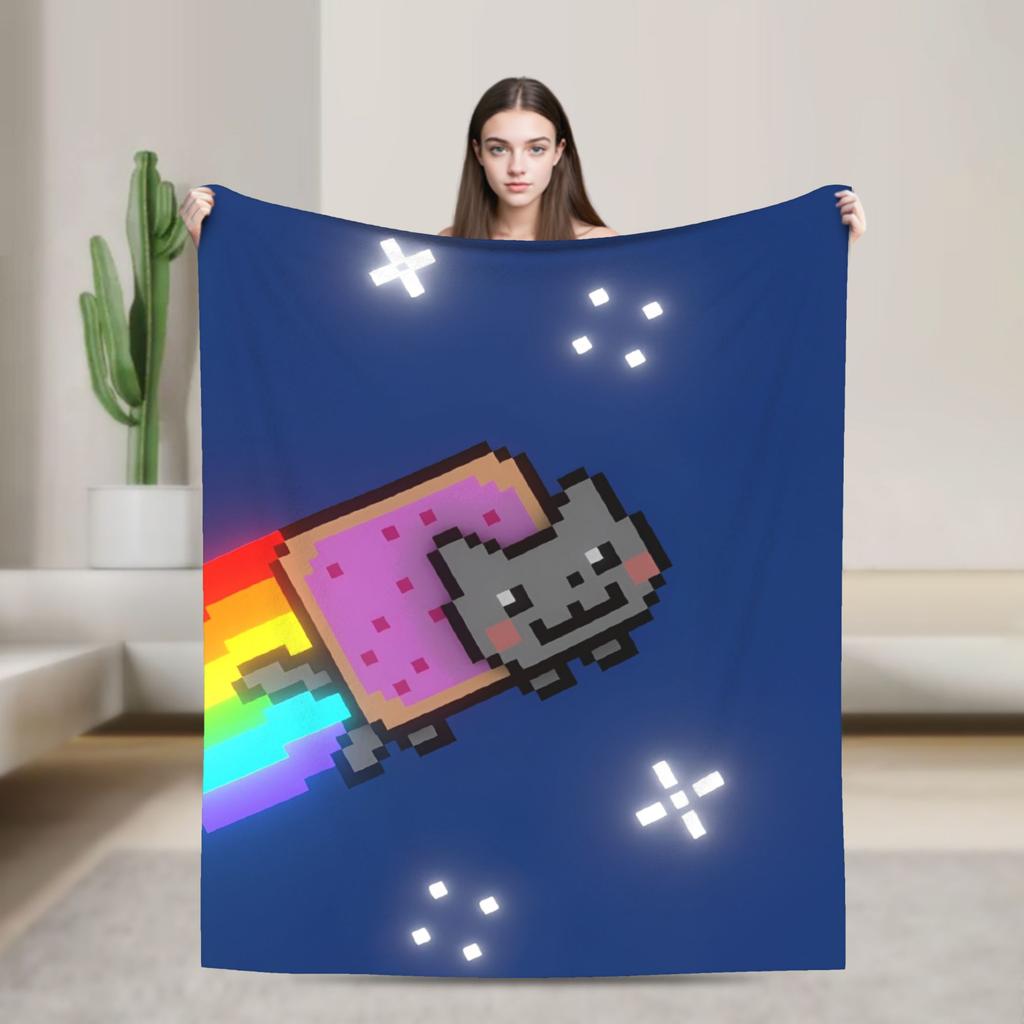 Katze Regenbogen Pixel Welt Nyans Decken Fleece Frühling Herbst Atmungsaktiv Super Warm Überwurfdecken für Bettwäsche Sofa Teppich Stück