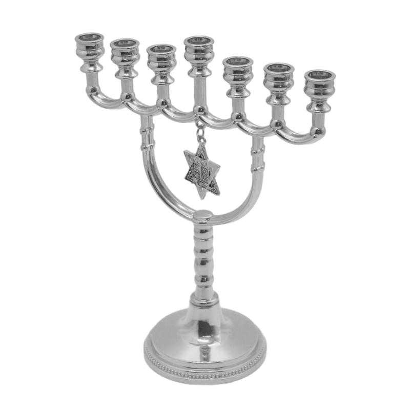 Hanukkah Menorah 7 Branch Holder Stand with Hexagonal Star Pendant X3UC