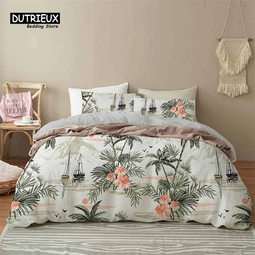 Green Palm Leaf Floral Bedding Set Tropical Leaves Flowers Animals Duvet Cover Microfiber Comforter Cover For Adults Kids Decor