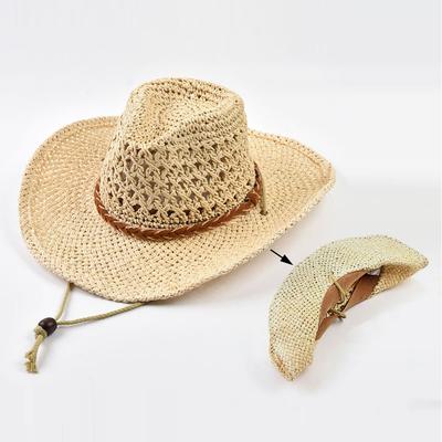 Natural Paper Straw Western Cowboy Hats for Women Men Foldable Wide Brim Summer Beach Sun Hats