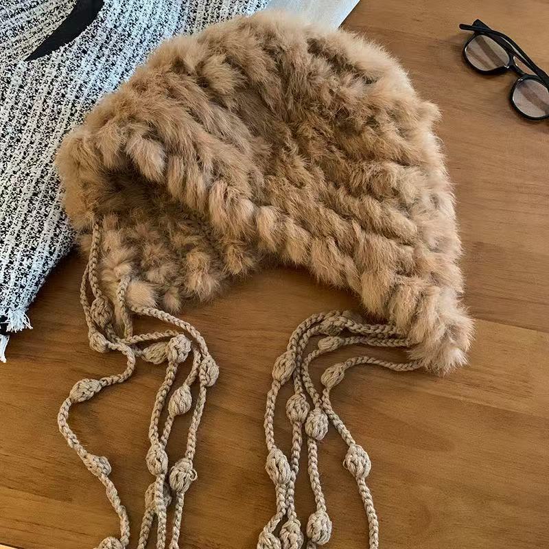 Cartoon Style Wool Beanie With Plush Fur Material And Adjustable Fit For Casual Wear