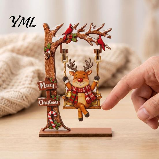 Swinging Puppet Xmas Gifts Christmas Wooden Ornaments, Santa Snowman Figurine with Moving Ornaments Swing, Rustic Holiday Tabletop Centerpiece