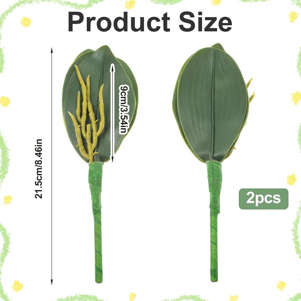 2 Pcs Orchid Leaves Artificial Real Touch Faux Phalaenopsis Stems Leaf 8 Inches Green Leaf Plants Fake Cymbidium Flower Foliage Green Real Touch