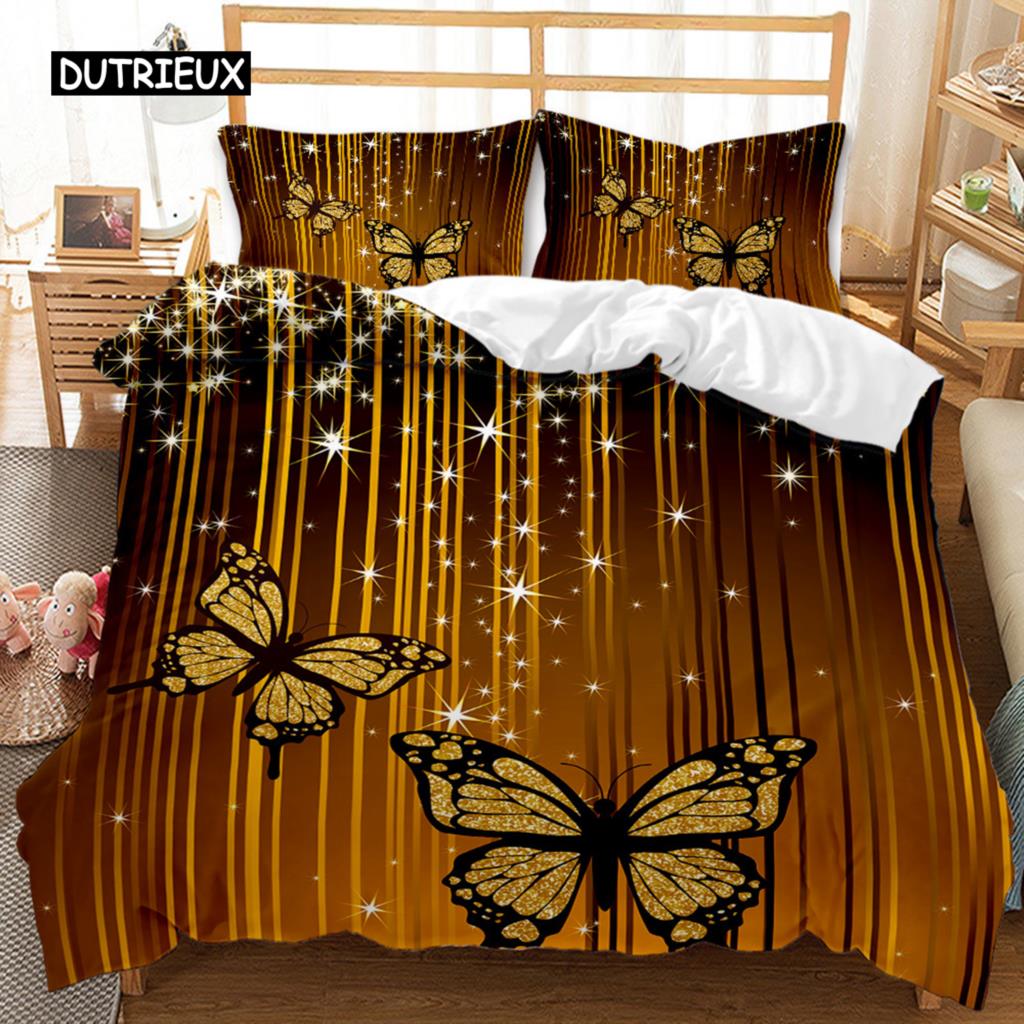 Black Gold Butterfly Bedding Set Luxury Black Duvet Cover 2/3Pcs Printed Comforter Bedding Sets for Adults Bed Set Room Decor