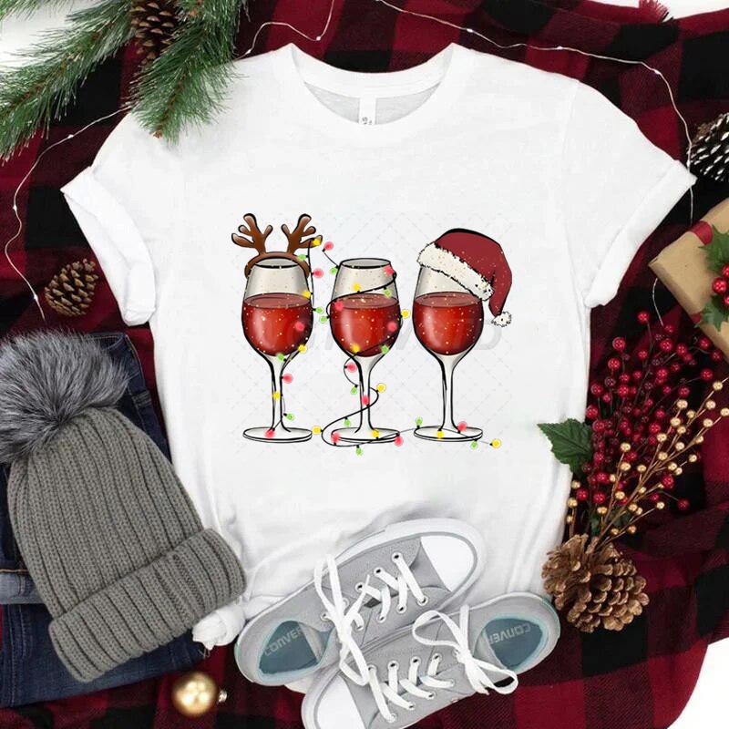 Women Wine Glass Christmas Hats T Shirt Lights Xmas Gifts Cartoon Top Happy New Year Tshirt Harajuku Fashion Womens Clothing