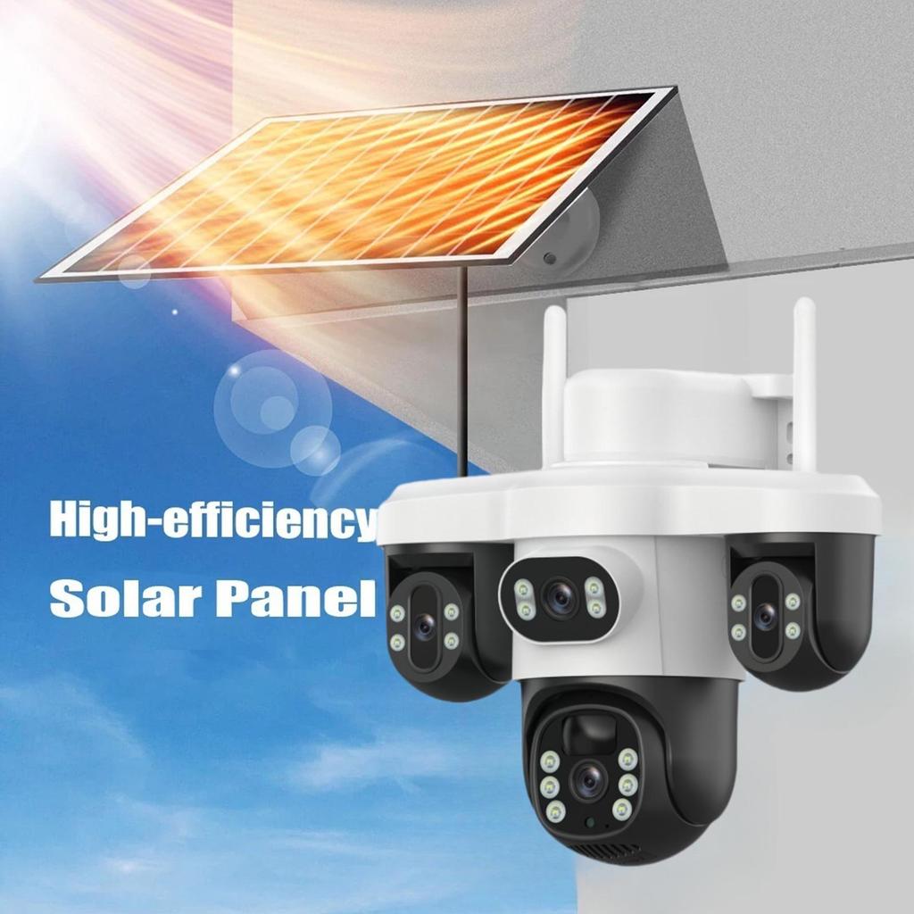 V380 4G Solar Camera with Three-Lens, Three-Axis Gimbal for Home Monitoring - Wireless, Low Power Battery.