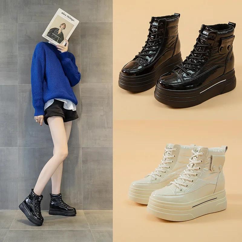 Fashion New 7.5cm Down Genuine Leather Women Ankle Booties Platform Wedge Hidden Heels Warm Women Autumn Spring Casual Boots Shoes