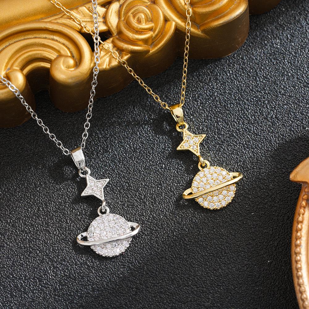 Elegant Titanium Steel Diamond Planet Necklace for Women: Clavicle Chain with Luxurious Feel, Popular Online Accessory.