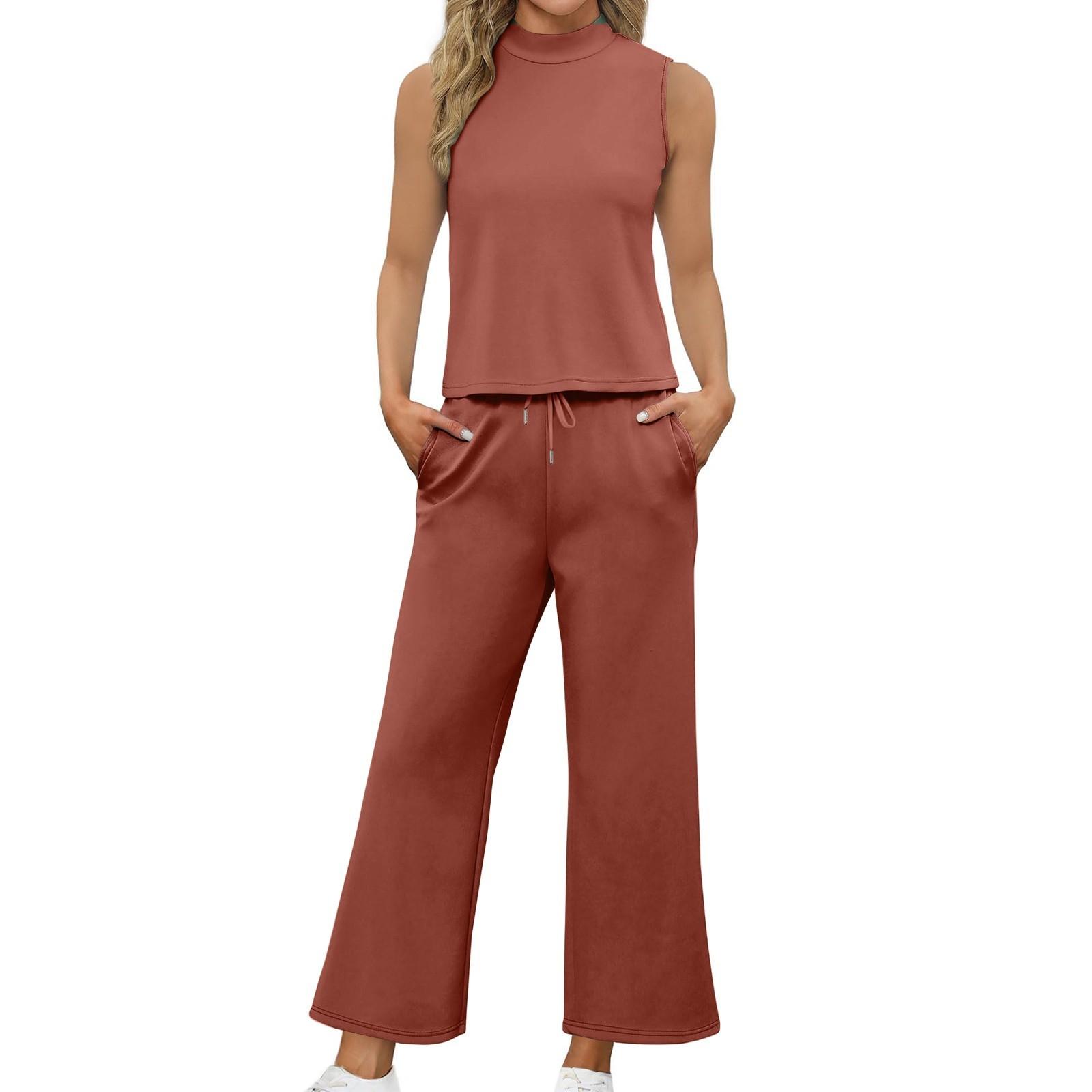 

Женский повседневный модный комплект без рукавов с широкими свободными брюками и высоким воротом XXL киноварь