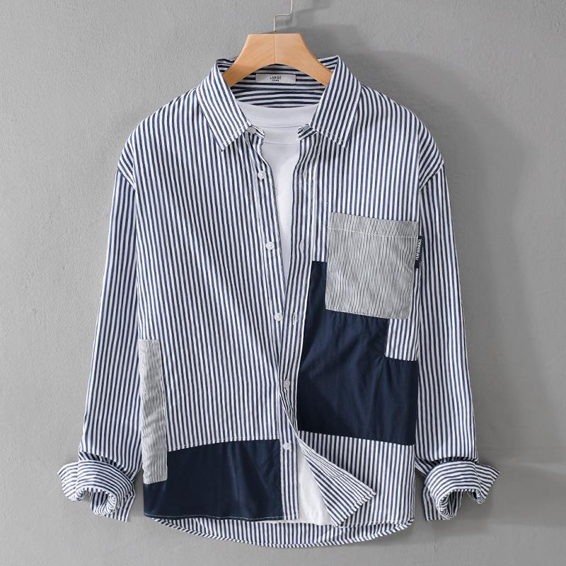 

Японский стиль Длинные рукава Мужские рубашки Весна Уличная молодежная повседневная рубашка Сшитая полосатая рубашка Модная мужская одежда XXXL белый