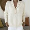 Women Shawl Collar Button Front Knit Sweater Long Sleeve Ribbed Trim Pullover Top