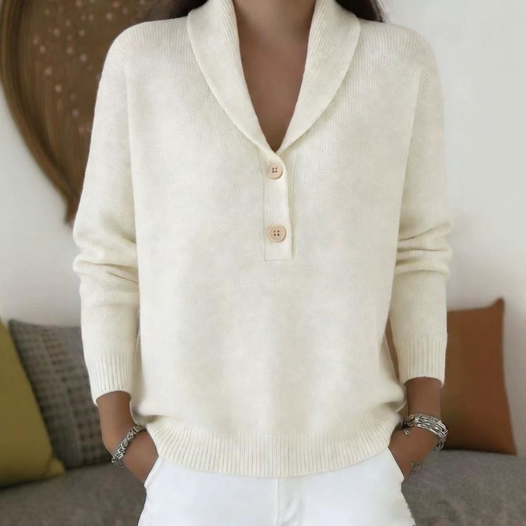 Women Shawl Collar Button Front Knit Sweater Long Sleeve Ribbed Trim Pullover Top
