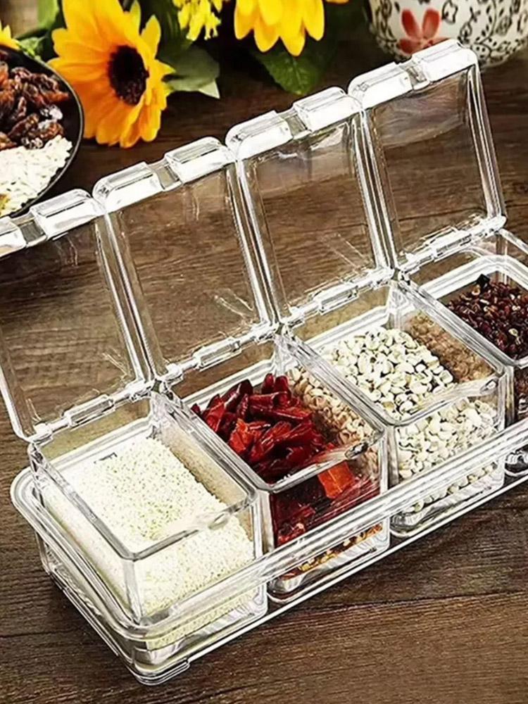 Box of condiments transparent, set of 4 storage containers of condiments, glass with spoon, container for pepper, spice, organiz