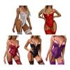 2Pcs/Set Sexy Underwear Set Deep V-Neck Bandage Design Jumpsuit Stockings Set Lace Splicing Hollow See-Through Sleepwear