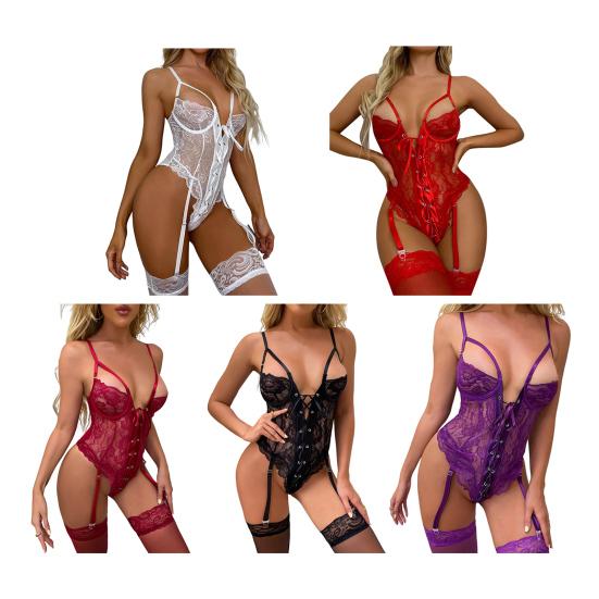 2Pcs/Set Sexy Underwear Set Deep V-Neck Bandage Design Jumpsuit Stockings Set Lace Splicing Hollow See-Through Sleepwear