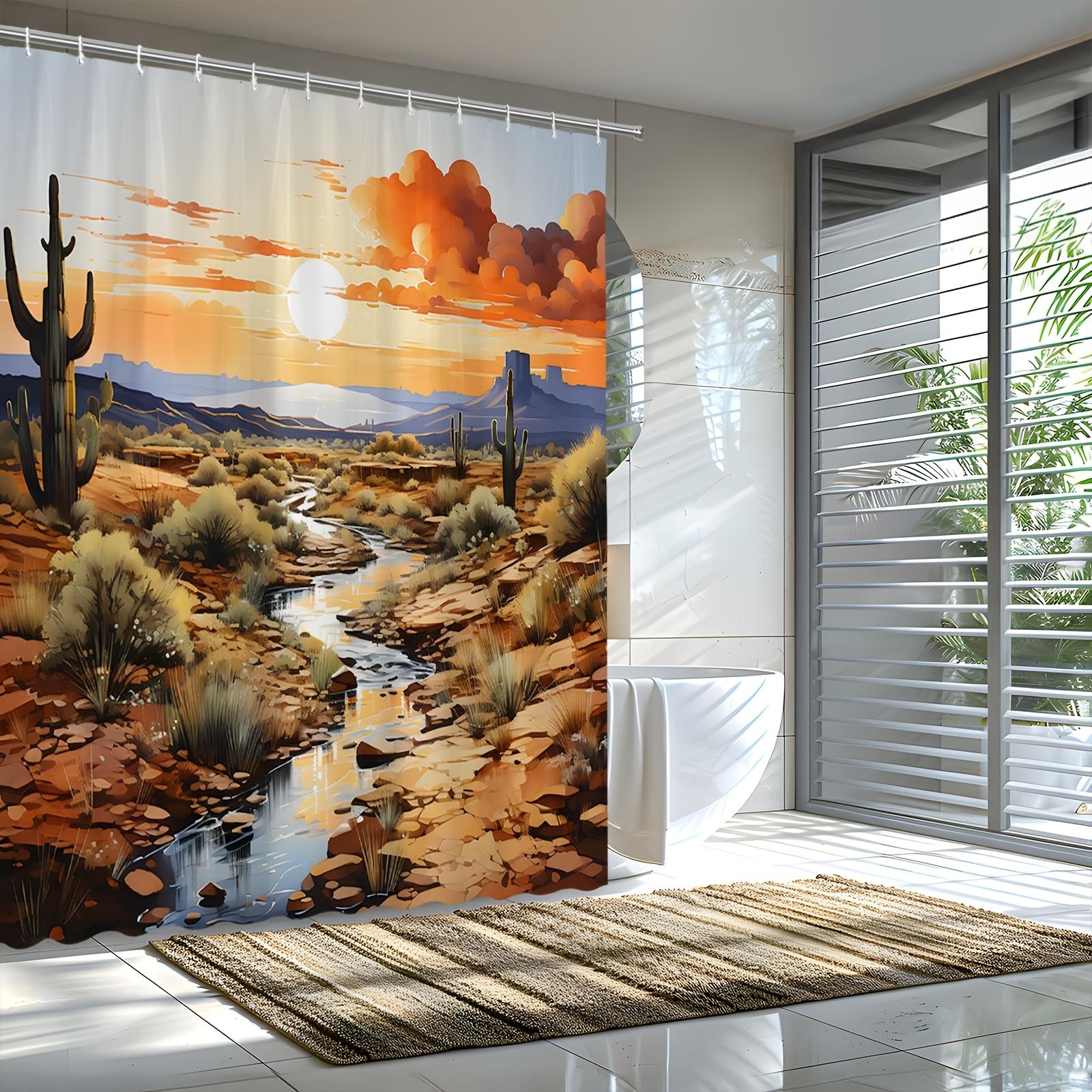Desert Sunset Shower Curtain - Cactus Silhouettes, Orange Sky & Mountains, Polyester Fabric, Digital Painting W90xH180cm