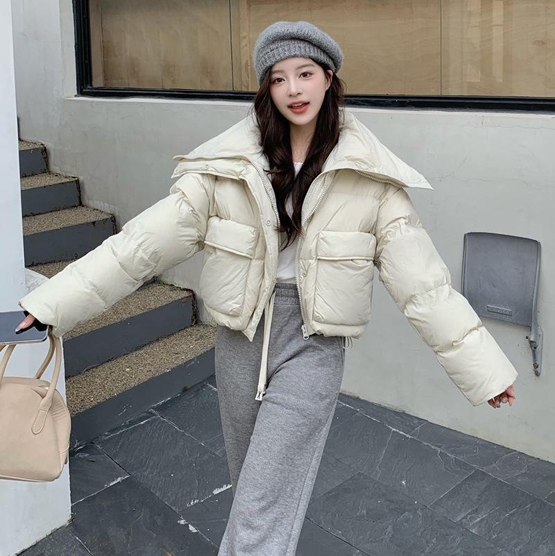 Premium large lapel short down jacket women's 2024 winter sweet thickened large pocket warm bread jacket