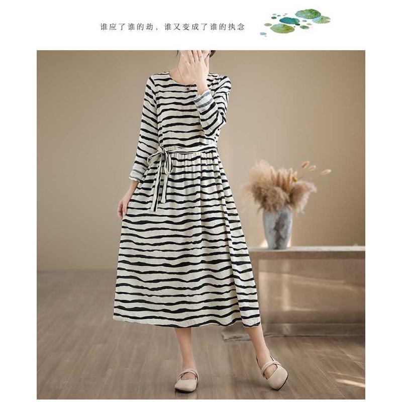 Striped Printed Round Neck Long Sleeve Tie Dress