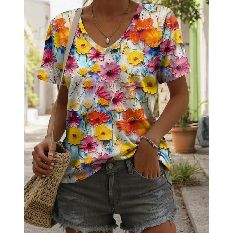 Summer V-neck 3D Printed Colorful Flower Pattern Top Fashionable Casual Short Sleeved Women's T-shirts