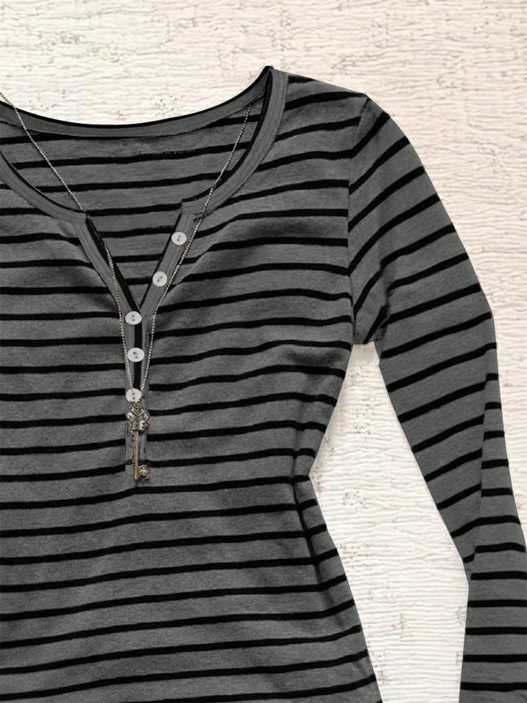 European & American Striped V-neck Long-sleeve Slimming T-shirt - Autumn/Winter Casual Korean Style