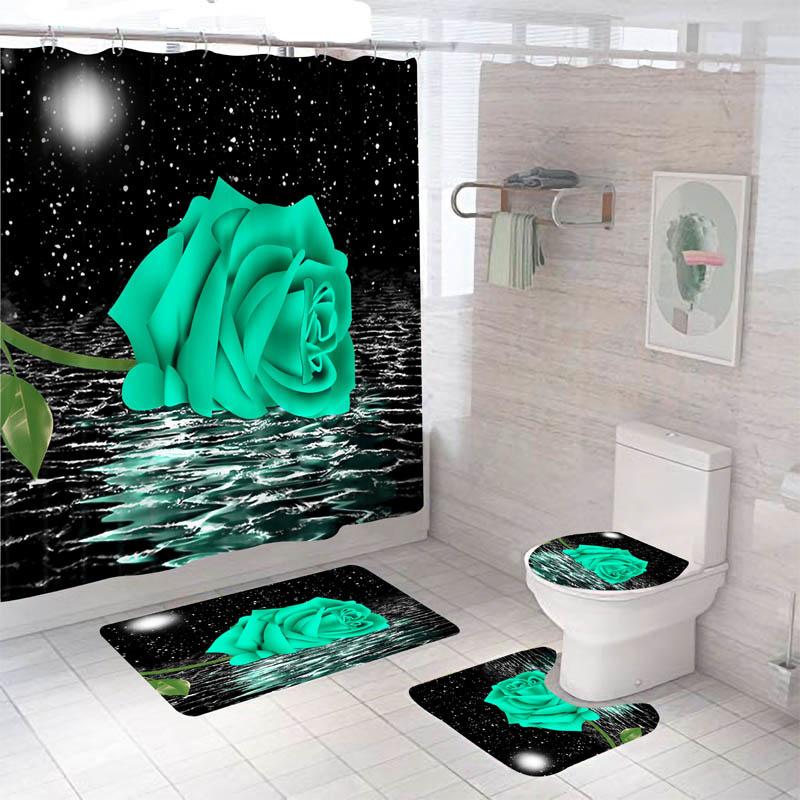 3D Rose Flower Shower Curtain Set Non-Slip Rugs Bath Mat Toilet Lid Cover and 12 Hooks Waterproof Polyester Bathroom Decor