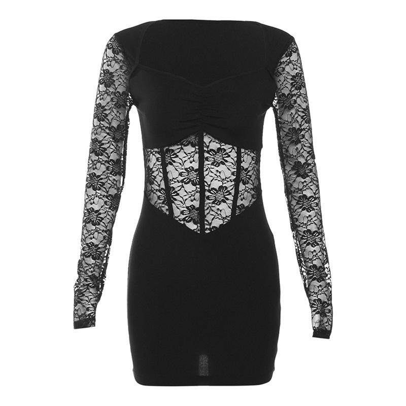 2026 European and American style spring and summer new women's clothing solid color slim-fitting fashion square neck long-sleeved mesh splicing dress